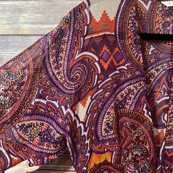 ⭐️ Cabi Kimono Jacket M Purple Orange Paisley Swim Cover Up Tie Front #84 B1 - Picture 6 of 9